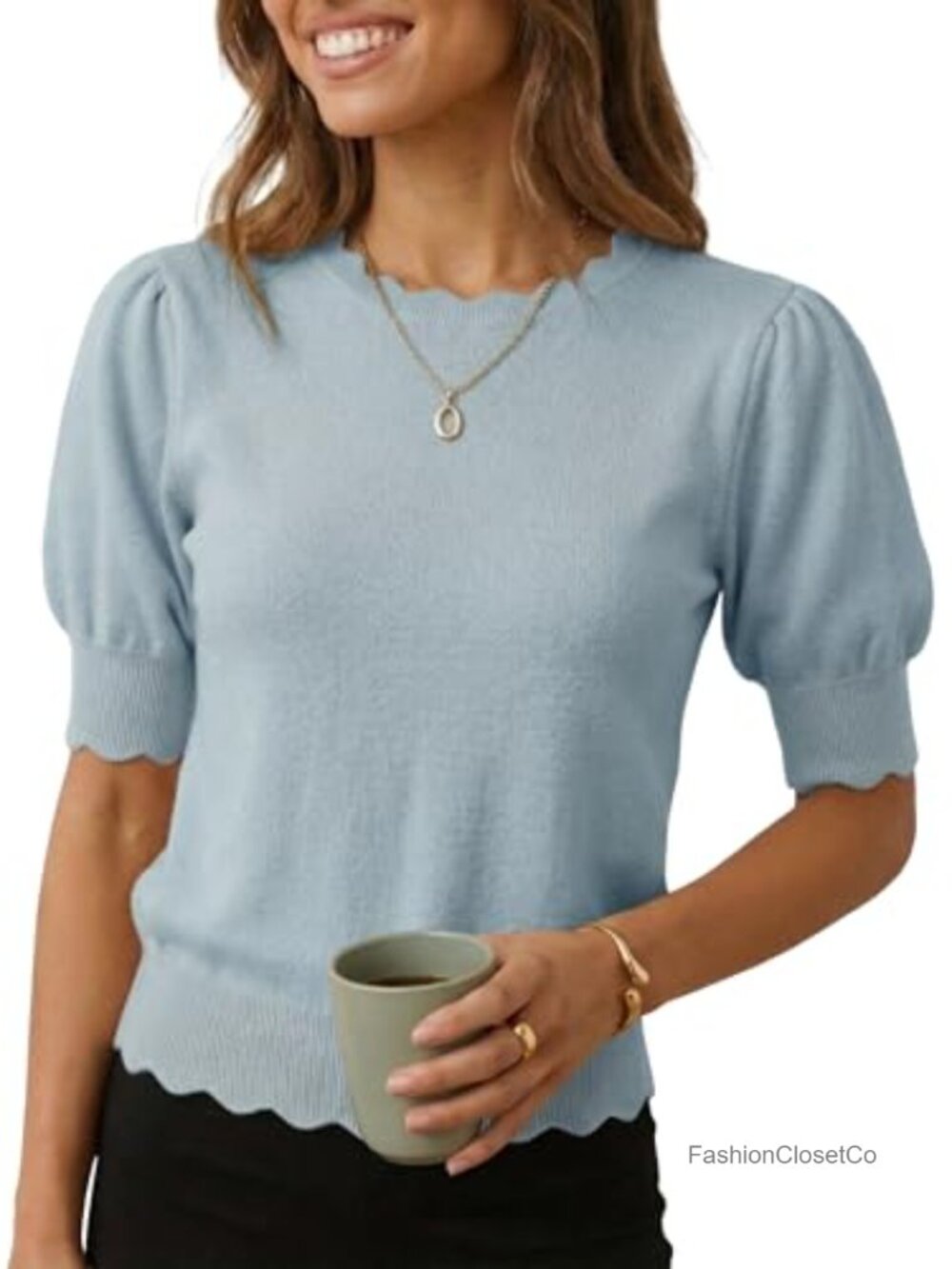 Women's Short Sleeve Scalloped Crewneck Puff Sleeve Knit Sweater Pullover